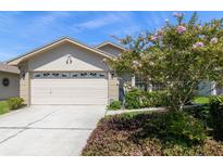 Charming single-Gathering home featuring a manicured lawn, a two-car garage, and a beautifully landscaped front yard with mature trees at 2991 Covewood Pl, Clearwater, FL 33761