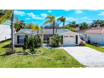 Charming single-story home with a well-maintained lawn, tropical landscaping, and an attached garage on a sunny day at 9826 Island Harbor Dr, Port Richey, FL 34668