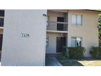 Exterior view of a tan apartment building with visible unit numbers and a small garden area at 7529 Pitch Pine Cir # 190, Tampa, FL 33617