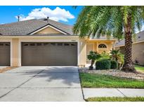Charming one-story home featuring a two-car garage, a well-manicured lawn, and tropical landscaping with mature palm trees at 31833 Turkeyhill Dr, Wesley Chapel, FL 33543