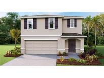 Two-story home featuring a two-car garage, neutral paint, dark shutters, and a covered front entry at 4418 Sand Dollar Way, Zephyrhills, FL 33541