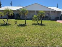 Charming single-story home with a well-manicured lawn and young palm trees, creating a tropical feel at 1516 Arrowhead Dr, Sun City Center, FL 33573