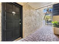 A covered entrance with a black front door, stone pavers, and textured stucco wall offers an inviting welcome at 107 S Obrien St # 117, Tampa, FL 33609