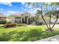 Charming one-story home featuring a lush lawn and inviting curb appeal with manicured landscaping at 16843 Harrierridge Pl, Lithia, FL 33547