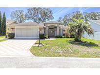 Single story home with an attached garage, well maintained lawn, and a lovely palm tree in the front yard at 7472 Clearmeadow Dr, Spring Hill, FL 34606
