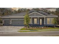 Charming single-story home boasts a paved driveway and a welcoming front porch with stone accents and manicured landscaping at 12817 Daleridge Pl, Riverview, FL 33579