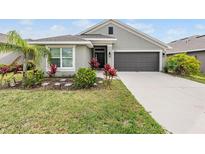 Charming single-story home featuring a well-manicured lawn, gray exterior, and a two-car garage at 14916 Imperial Purple Ln, Wimauma, FL 33598