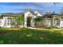 A charming front exterior view of a well-manicured home with lush landscaping, palm trees, and a beautiful walkway at 6314 Soratrace St, Lithia, FL 33547