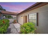 Inviting front entrance with covered walkway and well-maintained landscaping for a charming curb appeal at 3147 Mission Grove Dr # 3147, Palm Harbor, FL 34684