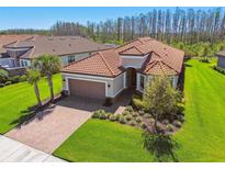 Beautiful home featuring a red tile roof, brick driveway, manicured lawn, and lush landscaping at 29488 Ginnetto Dr, Wesley Chapel, FL 33543
