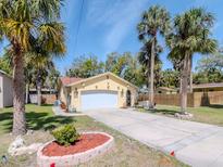 Charming home features a well-maintained front yard, long driveway, and attached garage, all surrounded by palm trees at 5433 Palmetto Rd, New Port Richey, FL 34652