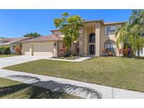 Charming two-story home with a manicured lawn and a beautiful mature tree in the front yard at 12929 Prestwick Dr, Riverview, FL 33579