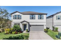 Charming two-story home featuring blue shutters, a gray two-car garage, and beautiful landscaping at 6236 Dutton Dr, Wesley Chapel, FL 33545