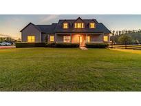Inviting home exterior with a manicured lawn and a charming front porch at sunset at 19530 Barrie Acres Trl, Odessa, FL 33556