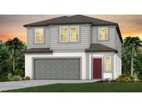 Two-story home with a gray exterior, a two-car garage and a well-manicured lawn with palm trees at 9764 Crescent Moon Dr, Riverview, FL 33578