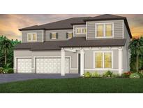 Charming new construction two-story home with a three-car garage, lush lawn, and welcoming entryway at 9825 Autumn Ridge Ave, Riverview, FL 33578