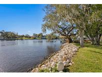 Scenic waterfront view with mossy trees and stone-lined shore at 2904 N Shoreview Pl, Tampa, FL 33602