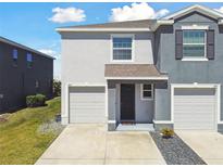 This home has an attached garage, black front door, and manicured yard at 1869 Hovenweep Rd, Wesley Chapel, FL 33543