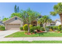 Charming single-story home featuring a two-car garage and lush tropical landscaping in a well-maintained neighborhood at 15814 Hampton Village Dr, Tampa, FL 33618