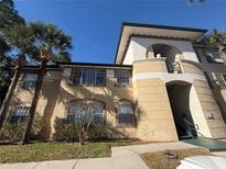 Low angle shot of a tan condo with tropical landscaping, green stairs and a light-colored balcony against a clear blue sky at 17114 Carrington Park Dr # 207, Tampa, FL 33647