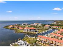Gorgeous aerial view of waterfront condos with boat docks and lush landscaping on a sunny day at 234 Mariner Dr # 234, Tarpon Springs, FL 34689