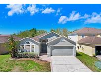 Charming single-story home featuring a well-maintained lawn, mature landscaping, and attached two-car garage at 24941 Ravello St, Land O Lakes, FL 34639