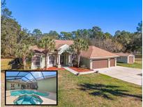 Inviting exterior of home with a pool, three-car garage, well-kept lawn, and palm tree accents at 16340 Marquis Rd, Brooksville, FL 34614