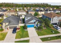 Wonderful home with a bright blue garage door nestled in a neighborhood with mature trees and well-kept lawns at 1571 Montgomery Bell Rd, Wesley Chapel, FL 33543