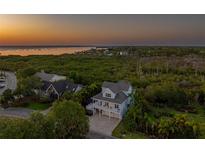 Breathtaking aerial view of a waterfront home surrounded by lush greenery, offering scenic sunset vistas at 1720 Mariner Way, Tarpon Springs, FL 34689