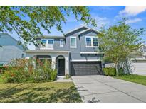 Charming two-story home with a well-maintained lawn, flowering bushes, and a gray two car garage at 11503 Quiet Forest Dr, Tampa, FL 33635
