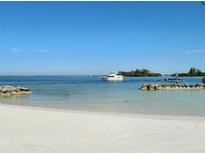 A picturesque beach scene with a boat sailing on clear blue waters under a sunny sky at 1415 Beach Club Ln, Apollo Beach, FL 33572