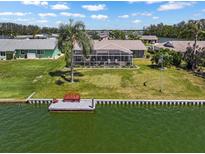 Waterfront backyard features a fishing dock with bench, large, screened lanai, and lush green lawn at 1804 Bunker Hill Dr, Sun City Center, FL 33573