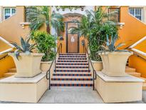 Stairway to building entrance with planters and orange walls at 100 4Th S Ave # 207, St Petersburg, FL 33701