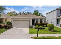 Charming single-story home featuring a well-manicured lawn, an attached garage, and tasteful landscaping at 12934 Tikal Way, Trinity, FL 34655