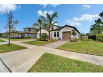 Charming single-Gathering home featuring a well-manicured lawn, palm trees, and a two-car garage at 19611 Cypress Bridge Dr, Odessa, FL 33556