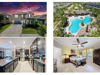 Four-image composite showcasing the home's exterior, community pool, kitchen, and bedroom at 32101 Goddard Dr, Wesley Chapel, FL 33543