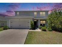 Charming two-story home featuring a well-maintained lawn, a two car garage, and inviting front porch at 14153 Arbor Pines Dr, Riverview, FL 33579