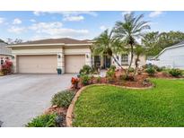 Charming home featuring a landscaped front yard, mature palm trees, and a convenient two-car garage at 3503 Williston Loop, Land O Lakes, FL 34639