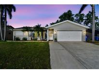 Charming single-story home featuring a two-car garage, manicured lawn, and palm trees at 10654 117Th Way, Seminole, FL 33778