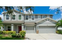 Two-story home with a well-manicured lawn, two-car garage, and attractive gray paint at 1807 Raven Manor Dr, Dover, FL 33527