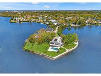 Stunning aerial view of waterfront home with lush landscaping, private pool, and dock on a point lot at 7049 Peninsular Dr, New Port Richey, FL 34652