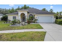 Charming single-story home with well-manicured lawn, mature landscaping, and a two car garage at 8833 Bel Meadow Way, Trinity, FL 34655