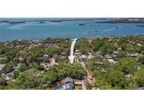 An aerial view of a property with an ocean view, surrounded by lush greenery and a clear blue sky at 2515 Park N St, St Petersburg, FL 33710