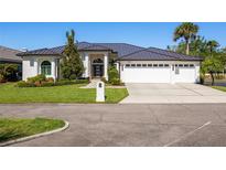 Stunning single-story home features a three-car garage, manicured lawn, and contemporary architectural details at 1002 Romano Ne Ct, St Petersburg, FL 33702