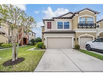Charming tan two-story townhome featuring a spacious two-car garage and manicured lawn at 11602 Crowned Sparrow Ln, Tampa, FL 33626