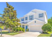 Charming two-story home featuring manicured landscaping, attached two-car garage, and vibrant blue shutters at 1218 Halapa Way, Trinity, FL 34655