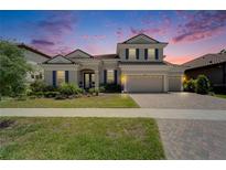 Charming two-story home with a well-manicured lawn, beautiful landscaping, and a three-car garage at 14239 Swiss Bridge Dr, Riverview, FL 33579