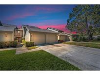 Inviting exterior of a townhome with a well-manicured lawn, mature tree, and a two-car garage, all under a vivid sky at 3024 Landmark Blvd # 607, Palm Harbor, FL 34684