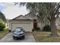 Charming single-Gathering home featuring an attached two-car garage and a mature landscaped yard at 29434 Tansy Pass, Wesley Chapel, FL 33543