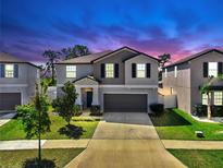 Charming two-story home with a well-maintained lawn, two-car garage, and beautiful sunset sky at 12841 Wildflower Meadow Dr, Riverview, FL 33579